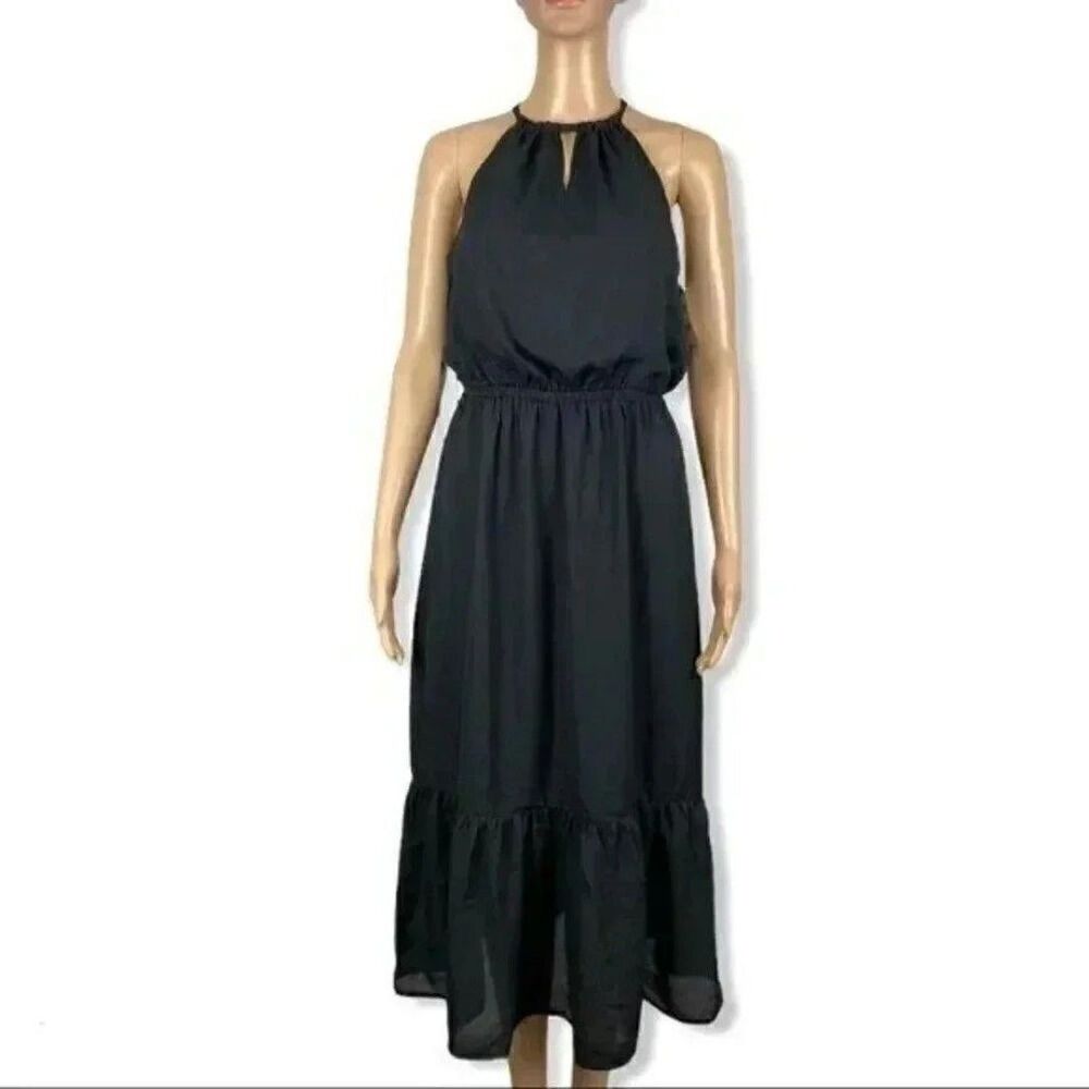 Gibson Black Crepe Ruffled midi dress